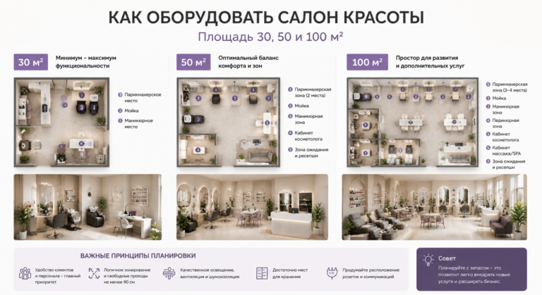 Как оборудовать салон красоты площадью 30, 50 и 100 м²
