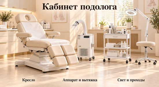 Кресло подолога, аппарат и лампа в кабинете