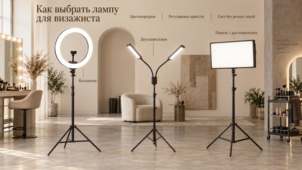 Кольцевая лампа, двухпанельный светильник и LED-панель с рассеивателем для визажиста