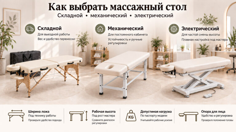 Складной, механический и электрический массажные столы: конструкция, регулировка высоты и опора для лица