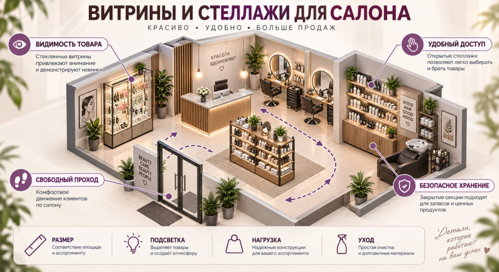 Витрины и стеллажи для салона красоты